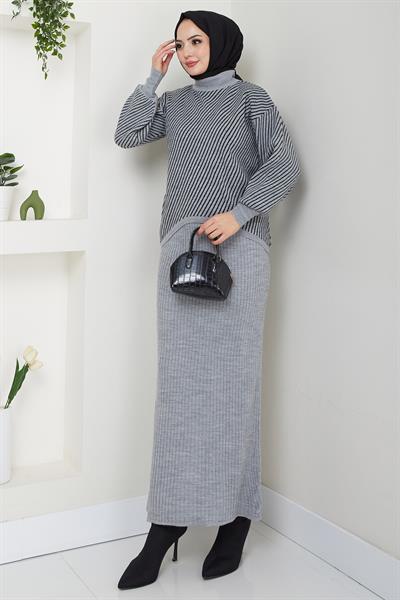 Yatay Çizgili Kazak Jile Triko Takım Gri HM2591