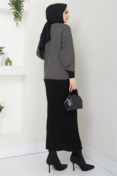 Yatay Çizgili Kazak Jile Triko Takım Siyah HM2591