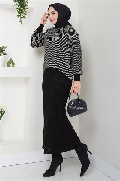 Yatay Çizgili Kazak Jile Triko Takım Siyah HM2591