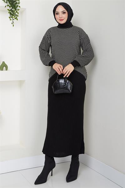 Yatay Çizgili Kazak Jile Triko Takım Siyah HM2591