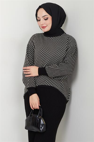 Yatay Çizgili Kazak Jile Triko Takım Siyah HM2591