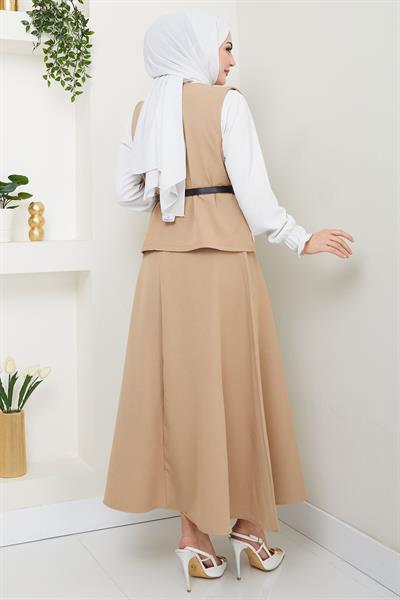 Yelekli Etekli İkili Takım Bej HM2690