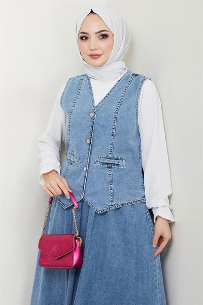 Yelekli Kot Etek Takım Mavi HM2675