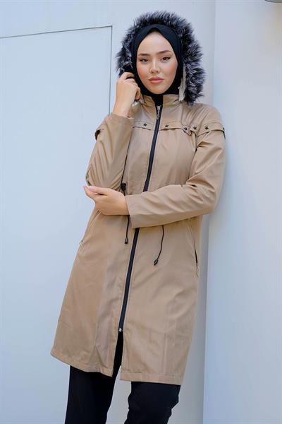 Yıldızlı İçi Kürklü Mont Bej HM2288