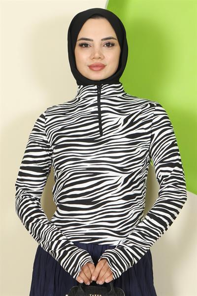 Zebra Desen Fermuarlı Body Beyaz HM2832