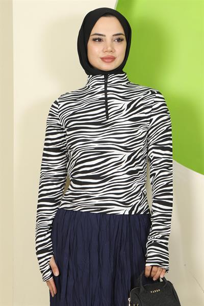 Zebra Desen Fermuarlı Body Beyaz HM2832