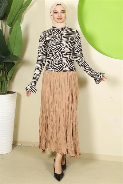Zebra Desen Manşeti Volanlı Body Bej HM2821