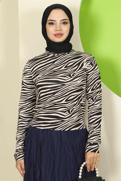 Zebra Desenli Bisiklet Yaka Body Bej HM2825