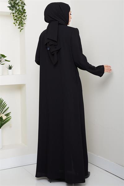 Zikzak Taşlı Ferace Siyah HM2848