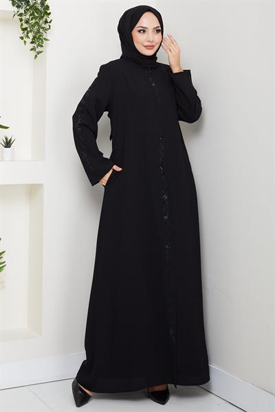 Zikzak Taşlı Ferace Siyah HM2848