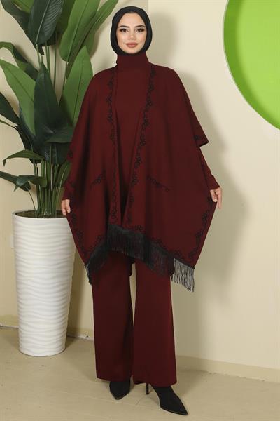 Zincir Desen Pançolu Üçlü Triko Takım Bordo HM2815