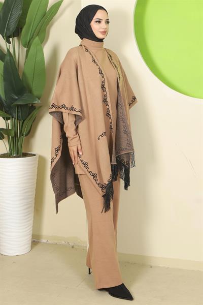 Zincir Desen Pançolu Üçlü Triko Takım Camel HM2815