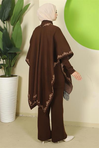 Zincir Desen Pançolu Üçlü Triko Takım Kahverengi HM2815