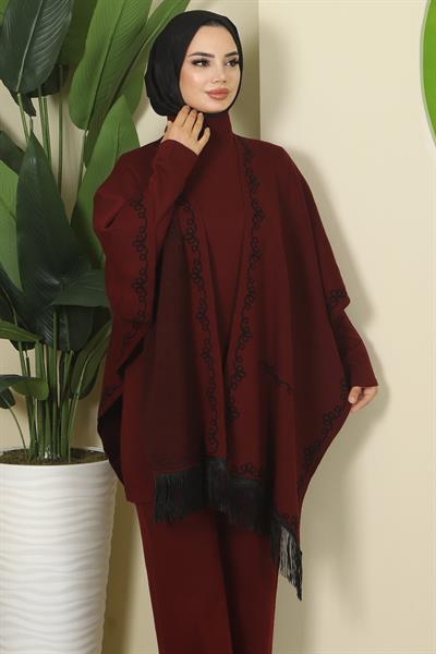 Zincir Desen Pançolu Üçlü Triko Takım Bordo HM2815