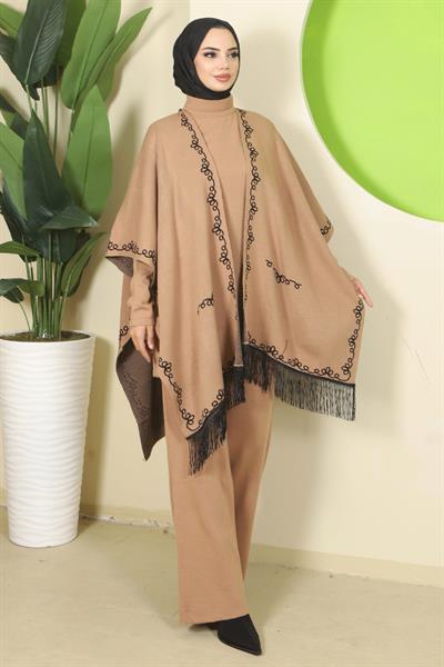 Zincir Desen Pançolu Üçlü Triko Takım Camel HM2815