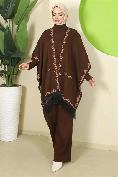 Zincir Desen Pançolu Üçlü Triko Takım Kahverengi HM2815