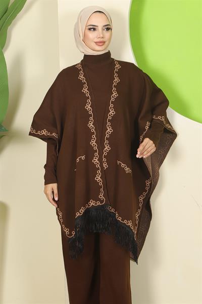 Zincir Desen Pançolu Üçlü Triko Takım Kahverengi HM2815