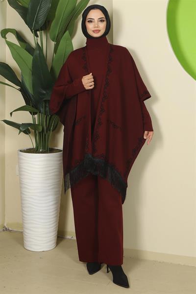 Zincir Desen Pançolu Üçlü Triko Takım Bordo HM2815