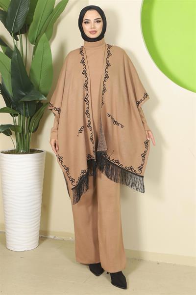 Zincir Desen Pançolu Üçlü Triko Takım Camel HM2815