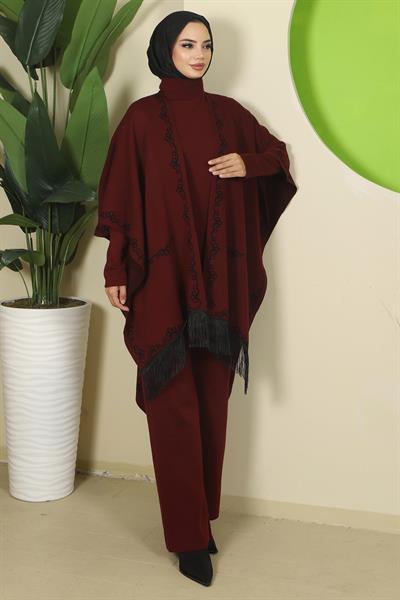 Zincir Desen Pançolu Üçlü Triko Takım Bordo HM2815