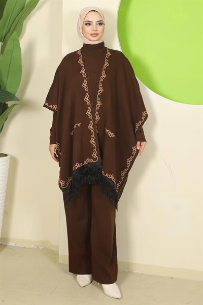 Zincir Desen Pançolu Üçlü Triko Takım Kahverengi HM2815