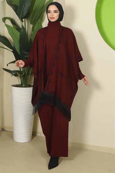 Zincir Desen Pançolu Üçlü Triko Takım Bordo HM2815