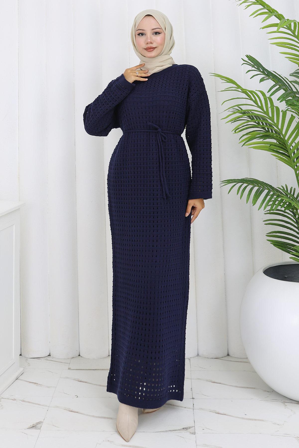 Astarlı Ajurlu Elbise Lacivert HM2839