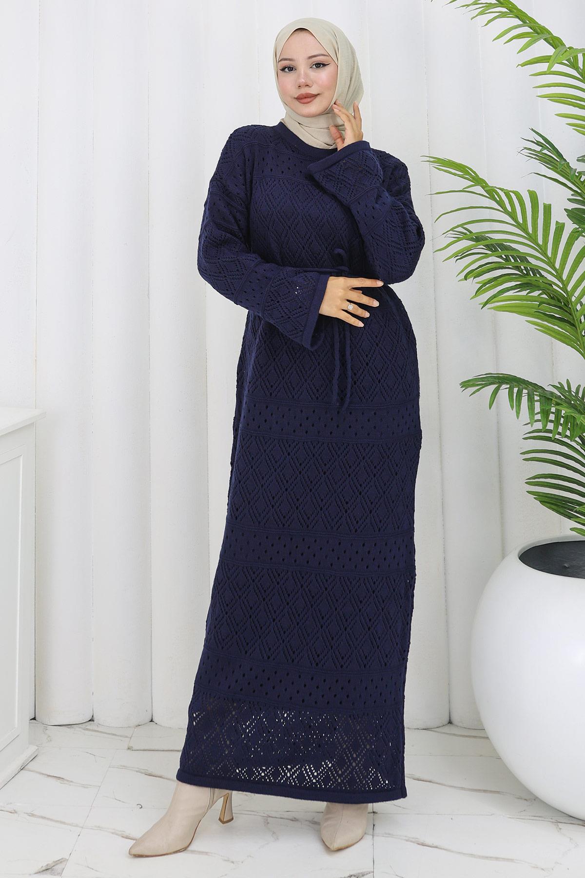 Astarlı Bağcıklı Ajurlu Elbise Lacivert HM2840