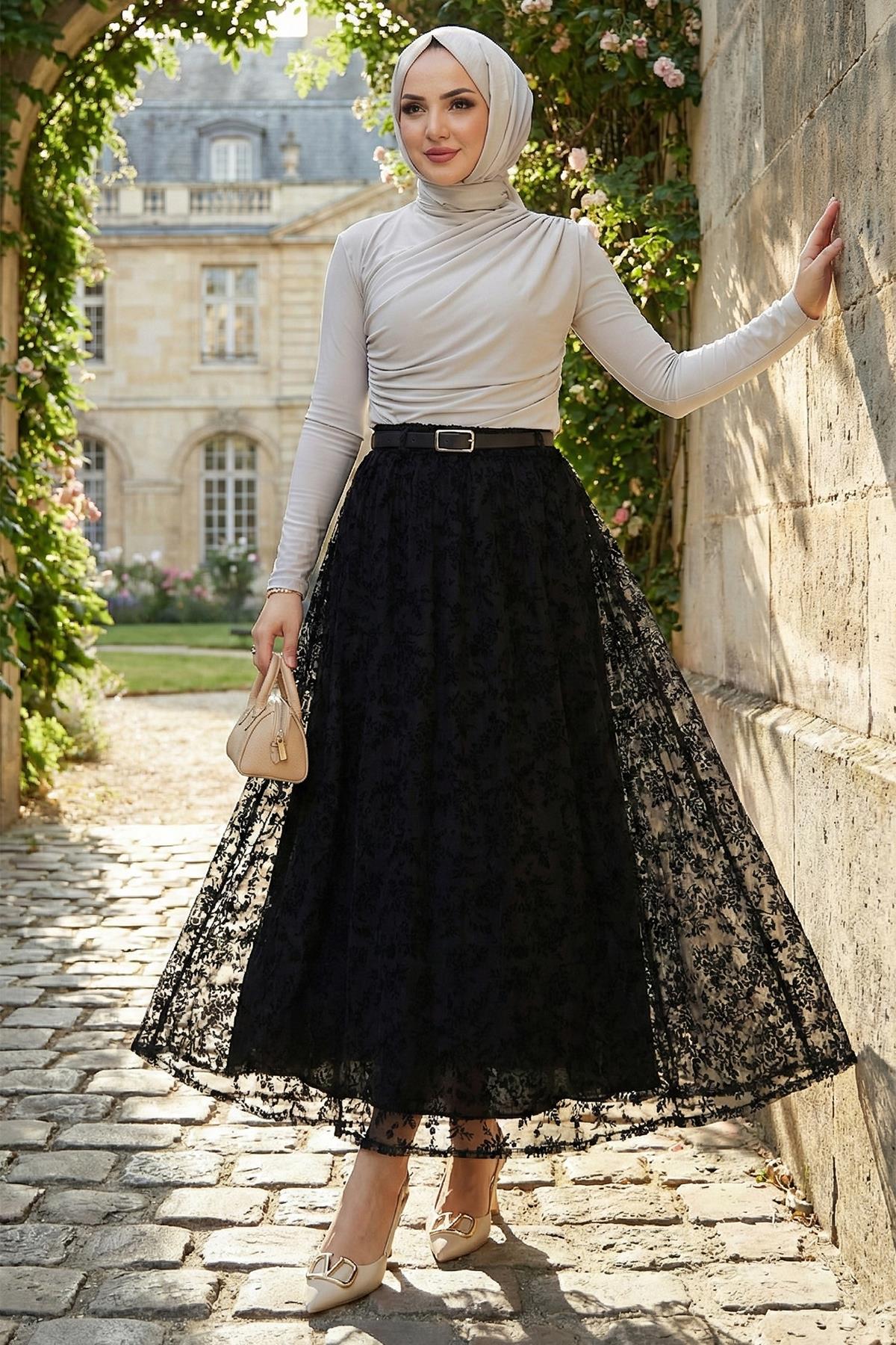 Astarlı Kemerli Çiçek Desenli Tül Etek Siyah HM2877