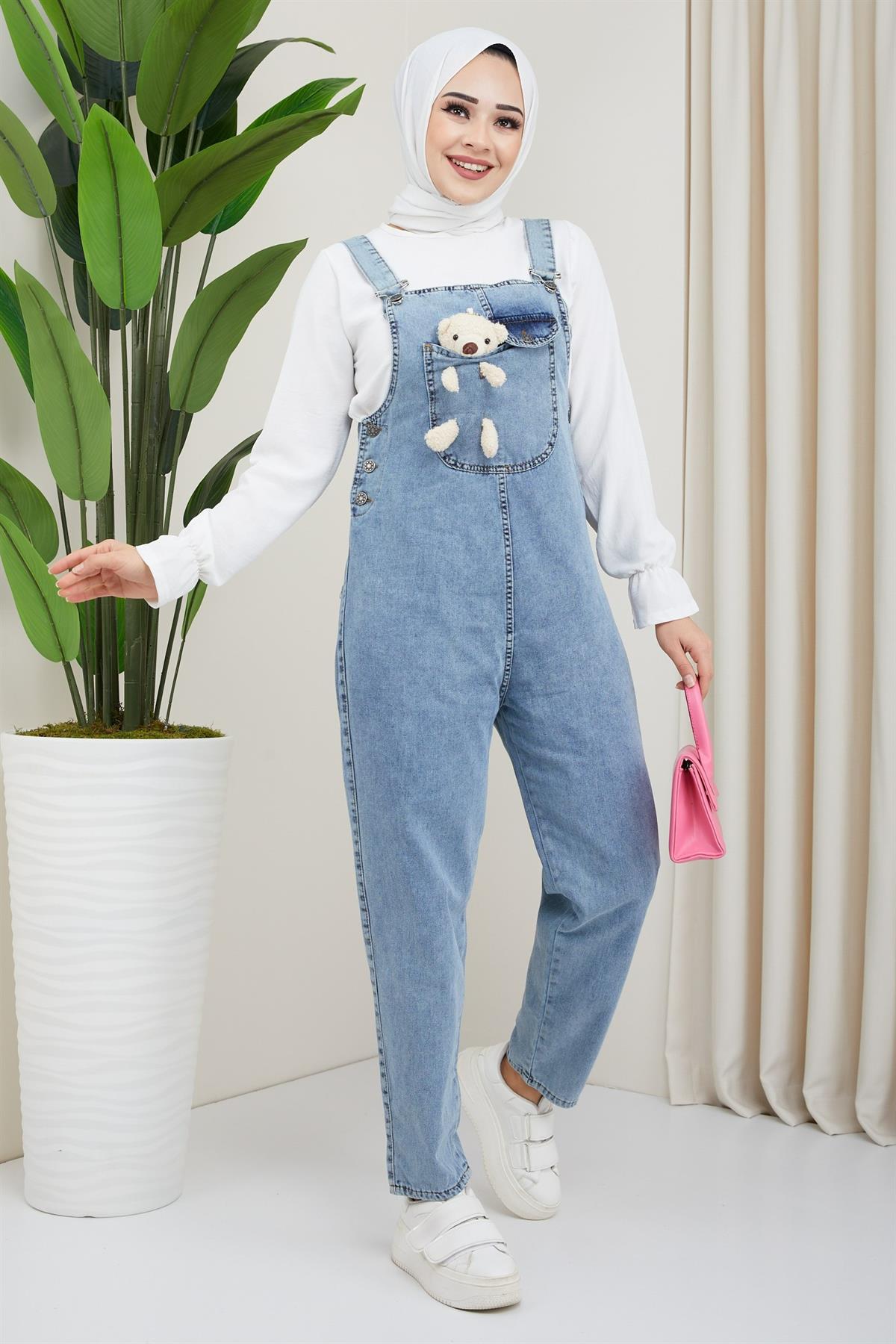 Ayıcıklı Kot Salopet Mavi