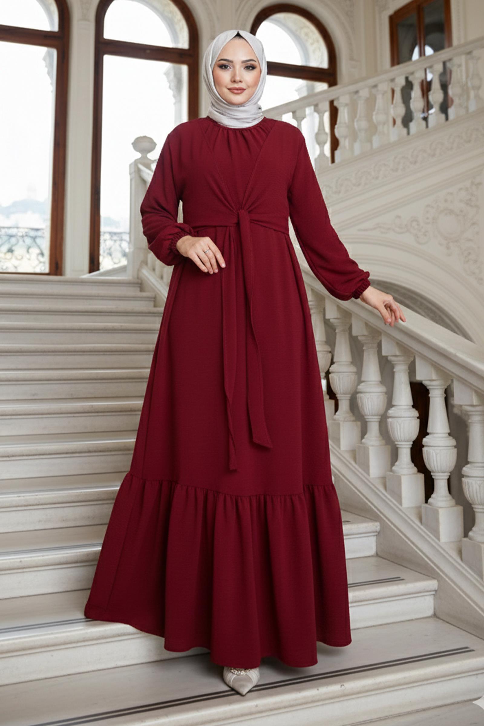 Bağlama Detaylı Ayrobin Elbise Bordo HM2873