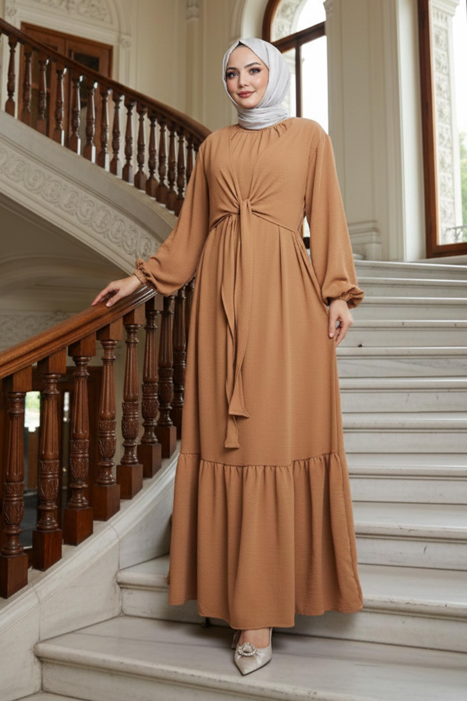 Bağlama Detaylı Ayrobin Elbise Camel HM2873