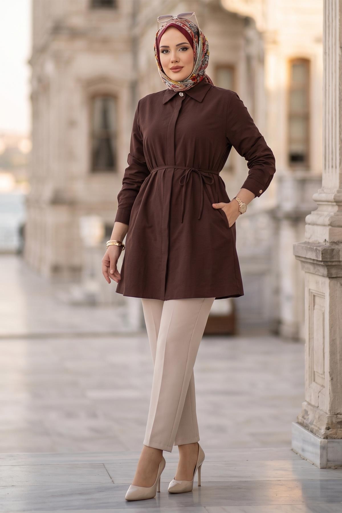 Bağlamalı Cepli Tunik Kahverengi HM2911