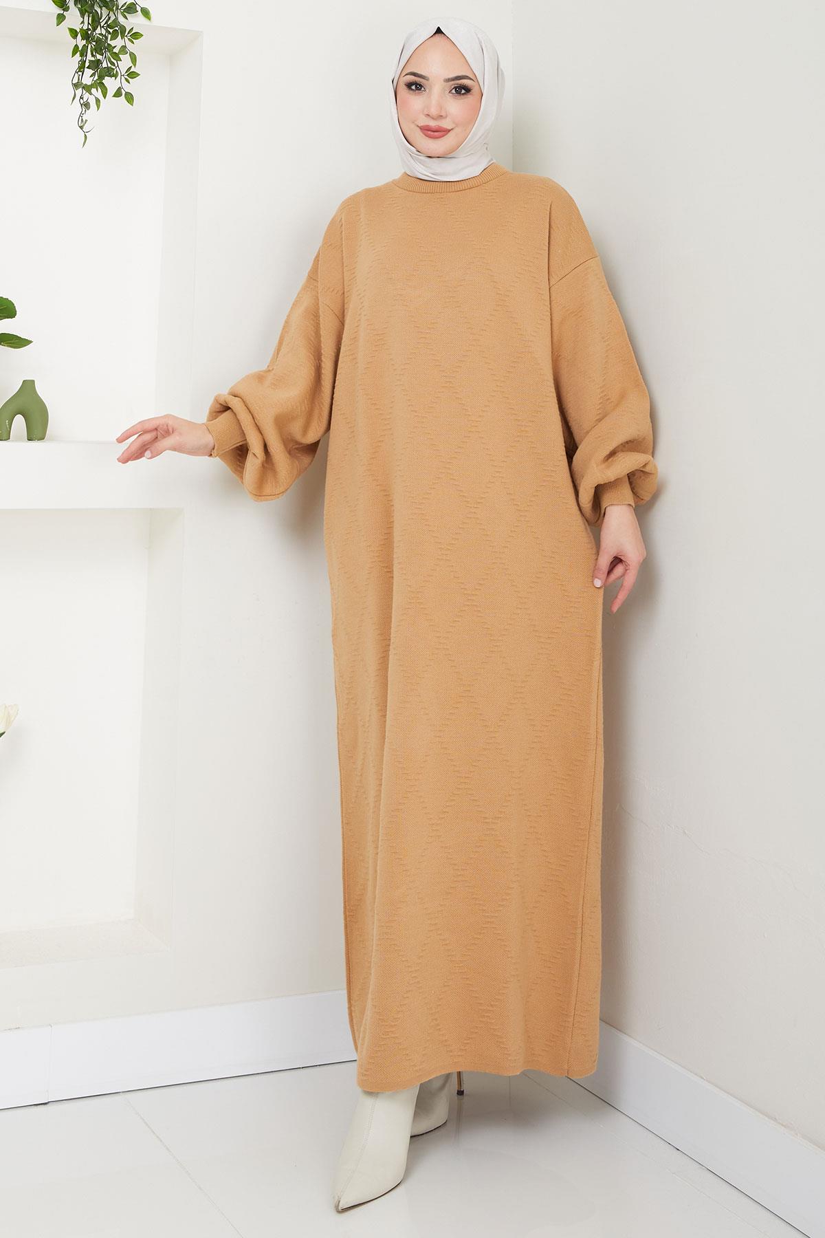 Balon Kol Triko Elbise Camel HM2535
