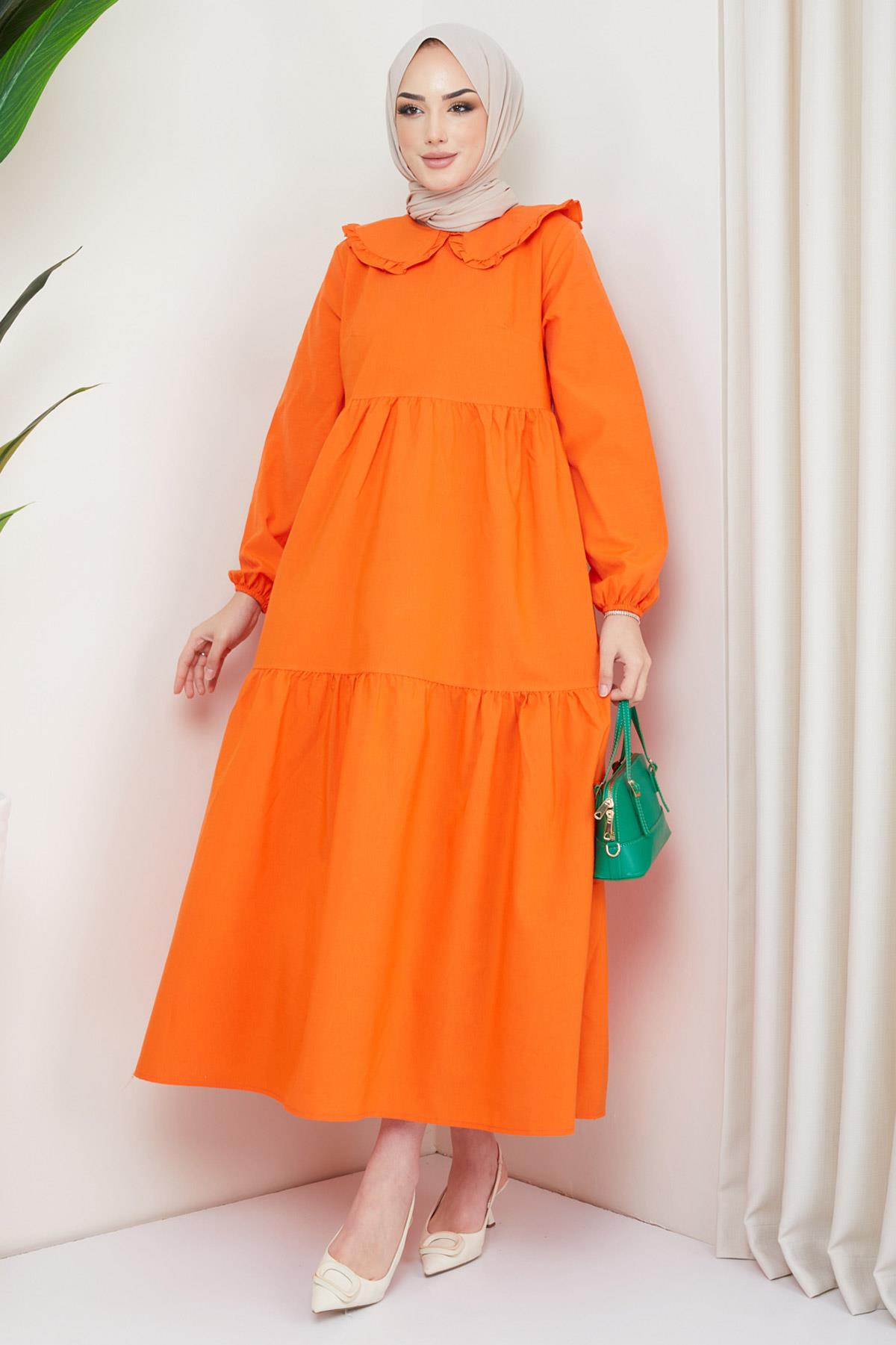 Bebe Yaka Tesettür Elbise Turuncu