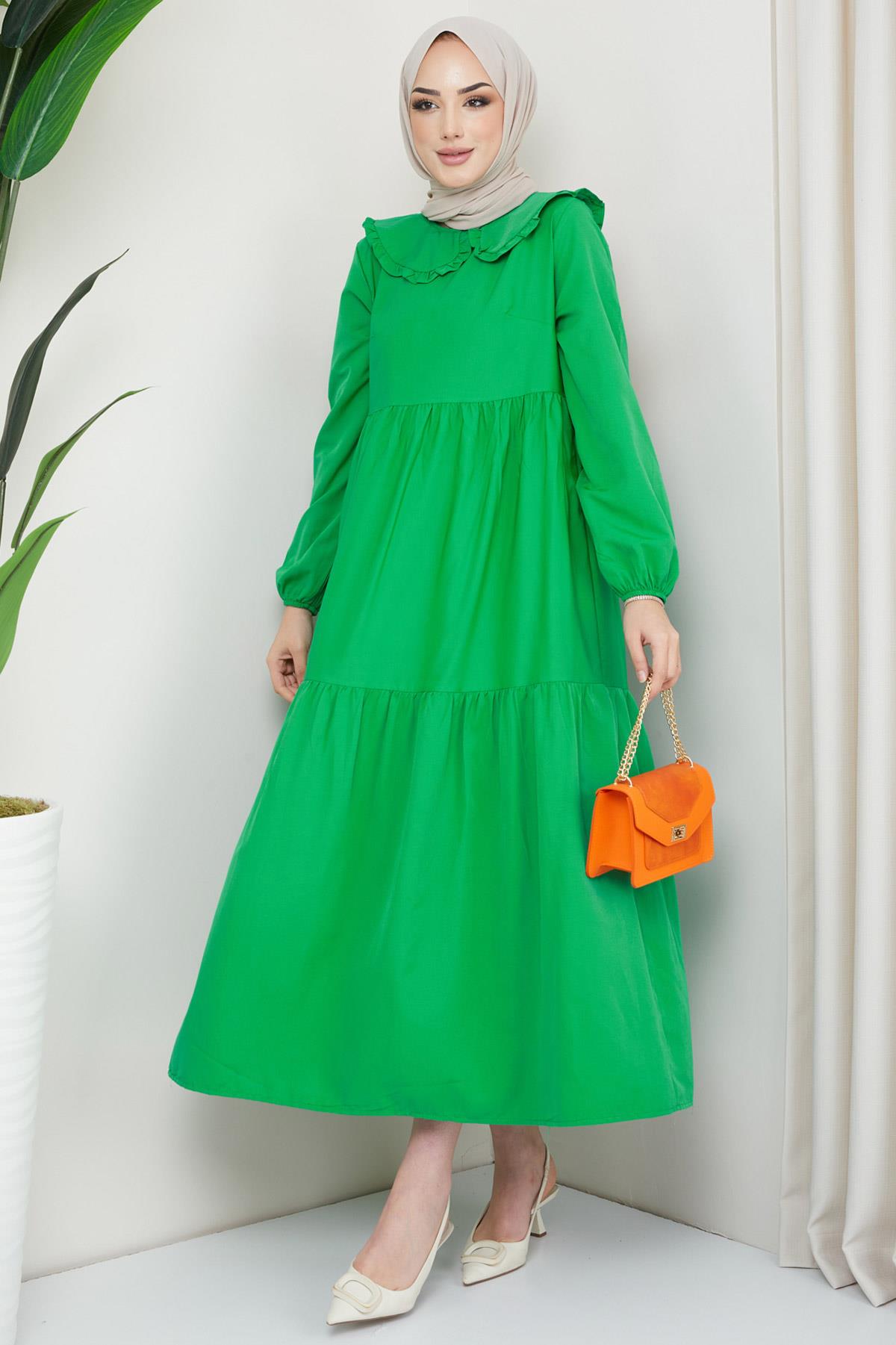 Bebe Yaka Tesettür Elbise Yeşil
