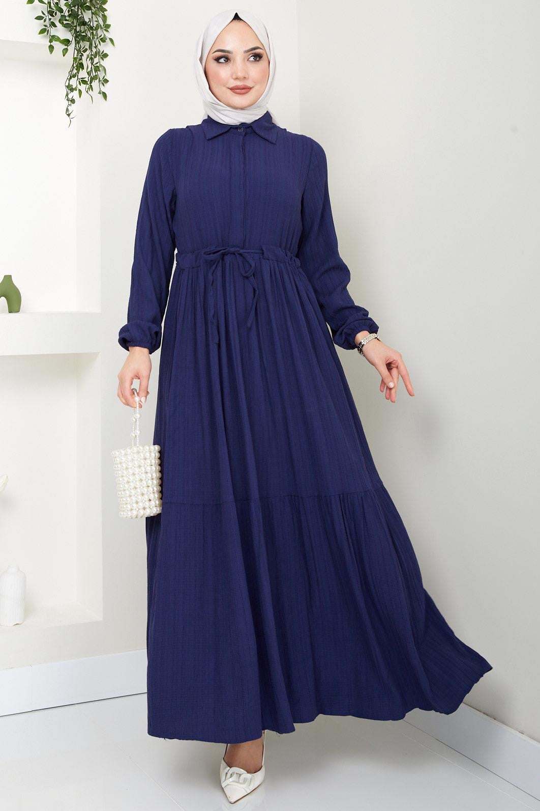 Beli Büzgülü Lara Elbise Lacivert HM2452