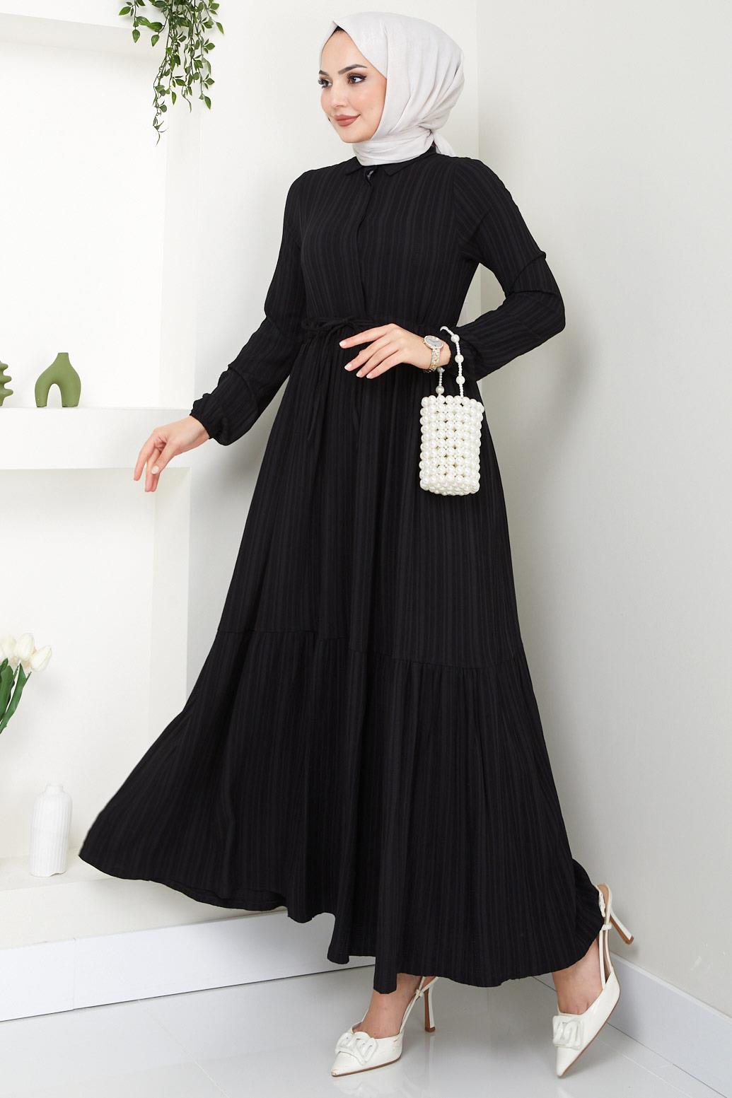 Beli Büzgülü Lara Elbise Siyah HM2452