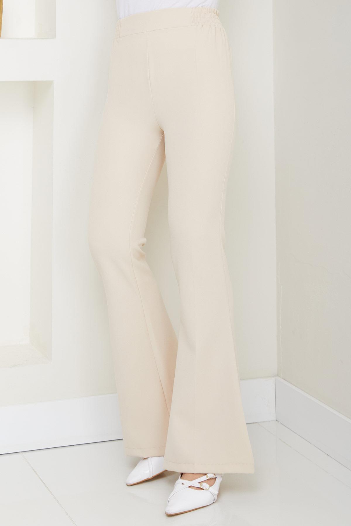 Beli Lastikli İspanyol Paça Kumaş Pantolon Bej HM2781