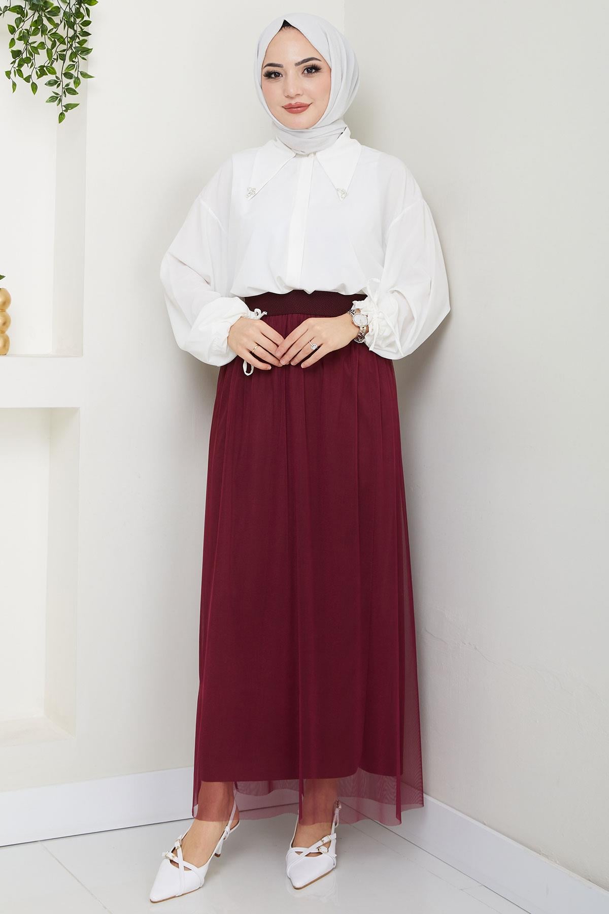 Beli Lastikli Tül Etek Bordo HM2704