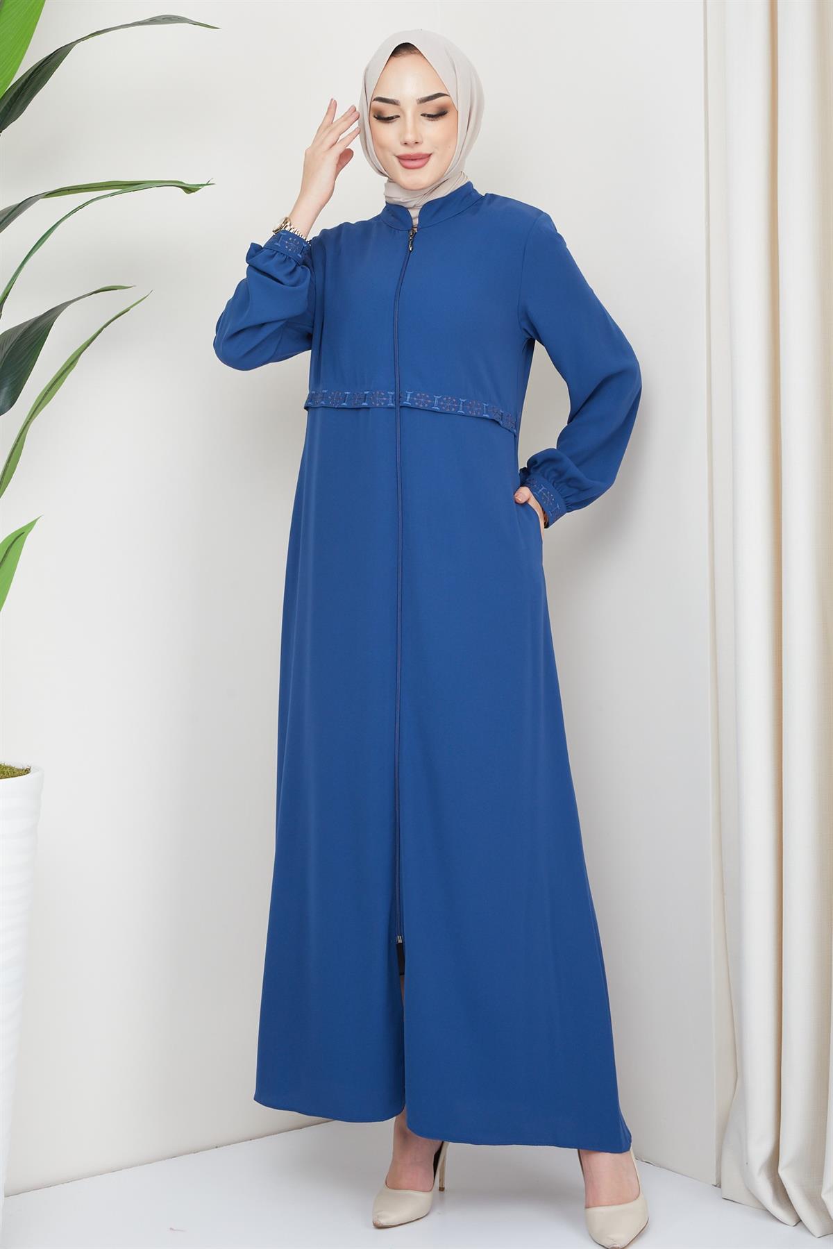 Beli Nakış İşlemeli Ferace İndigo