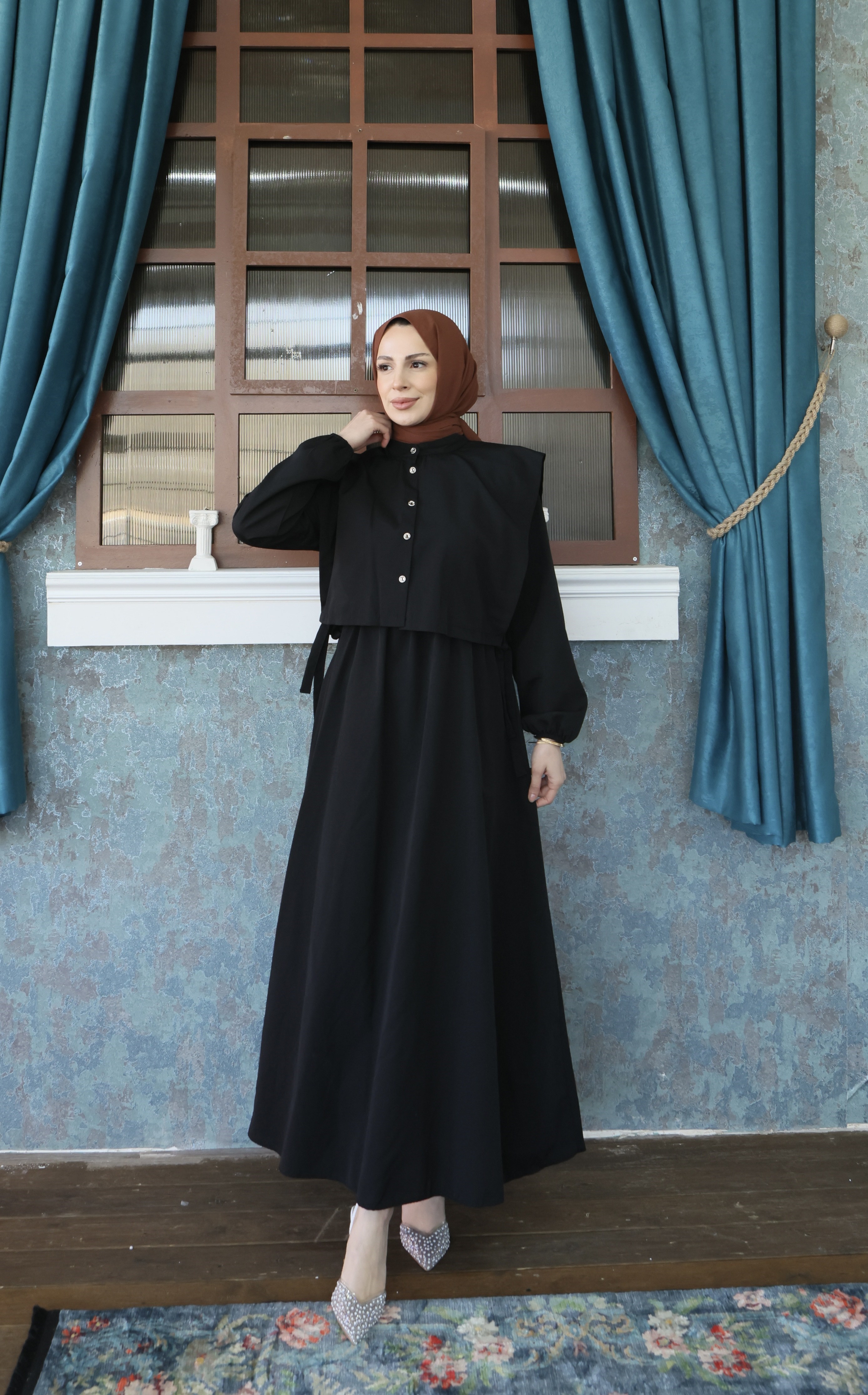 Bolerolu Beli Lastikli Tesettür Elbise Siyah HNT011