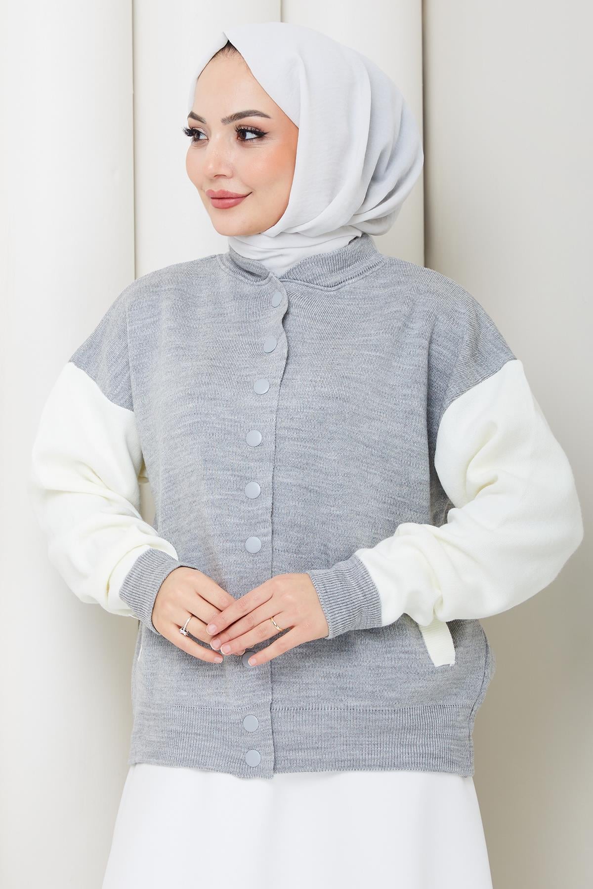 Bomber Yaka Triko Hırka Gri HM262615