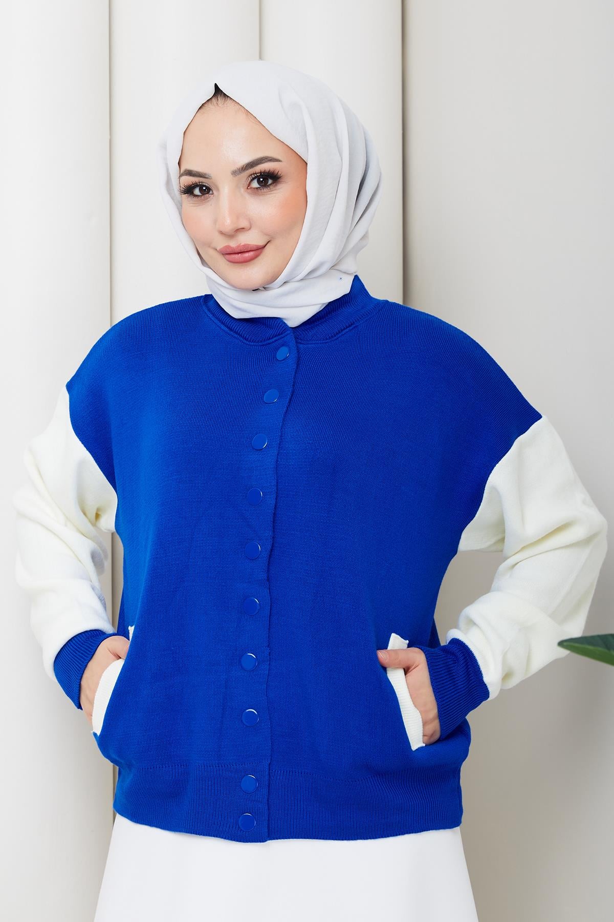 Bomber Yaka Triko Hırka Saks HM262615