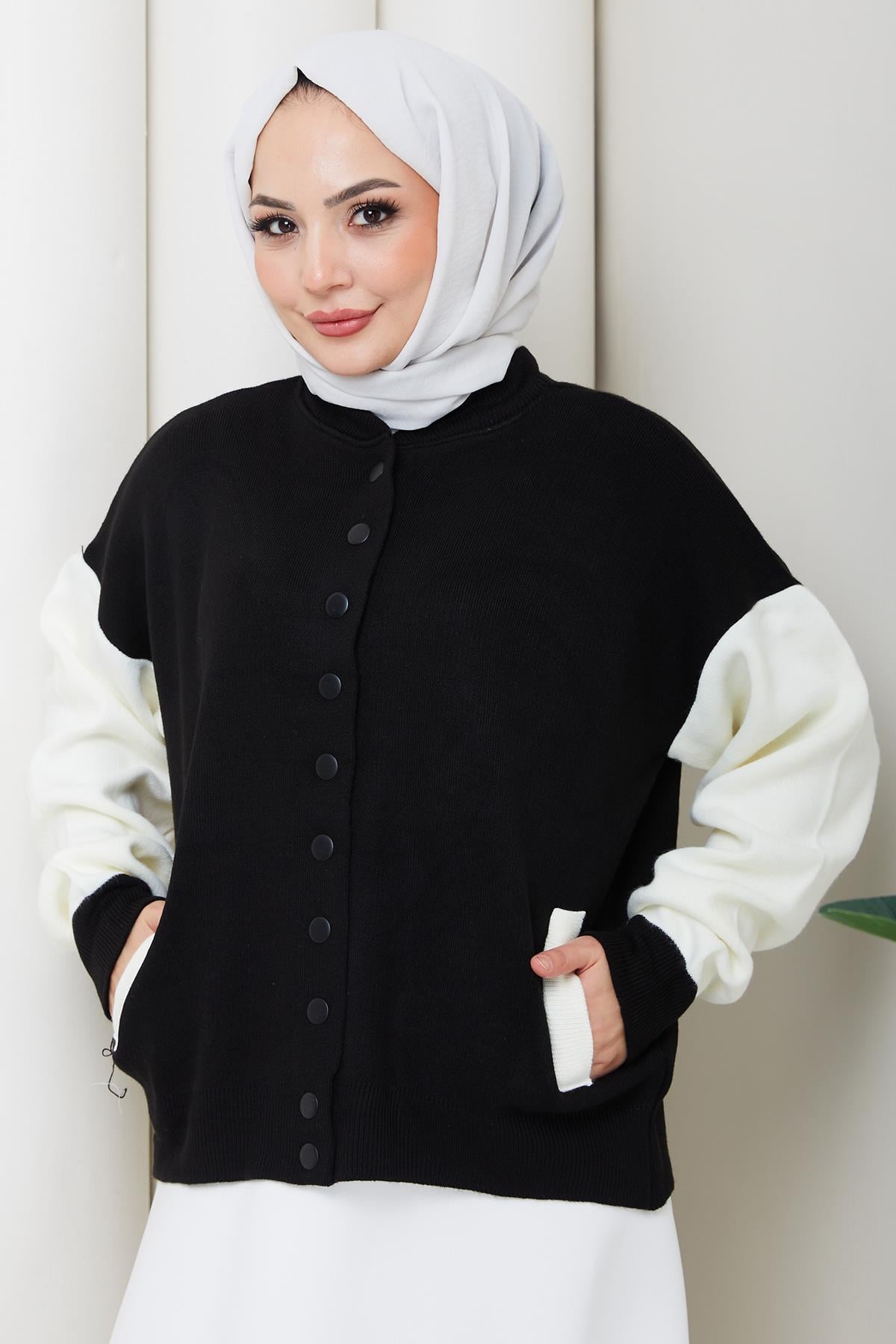 Bomber Yaka Triko Hırka Siyah HM262615