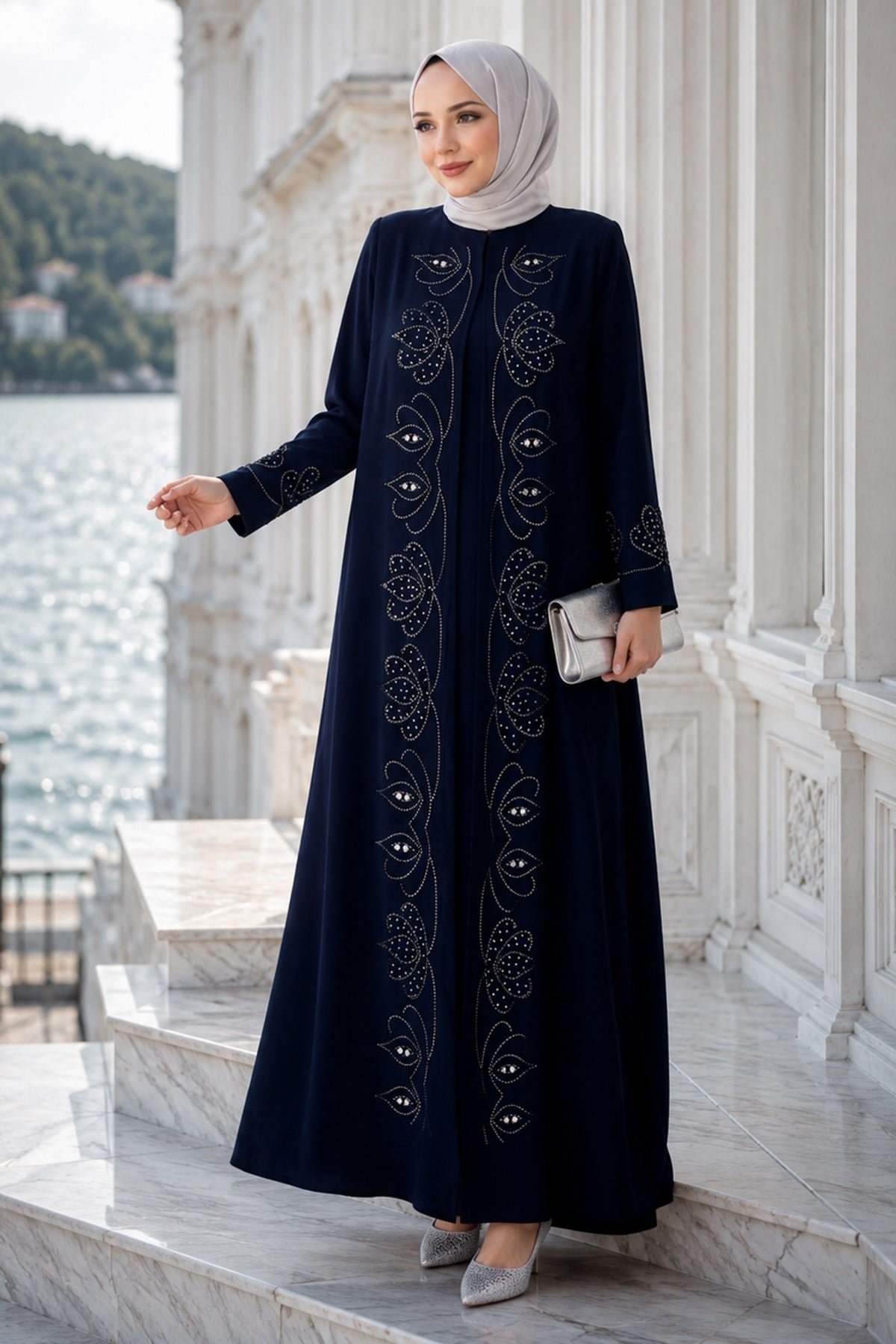 Boncuk Taşlı Büyük Beden Anne Elbisesi Lacivert HM2952