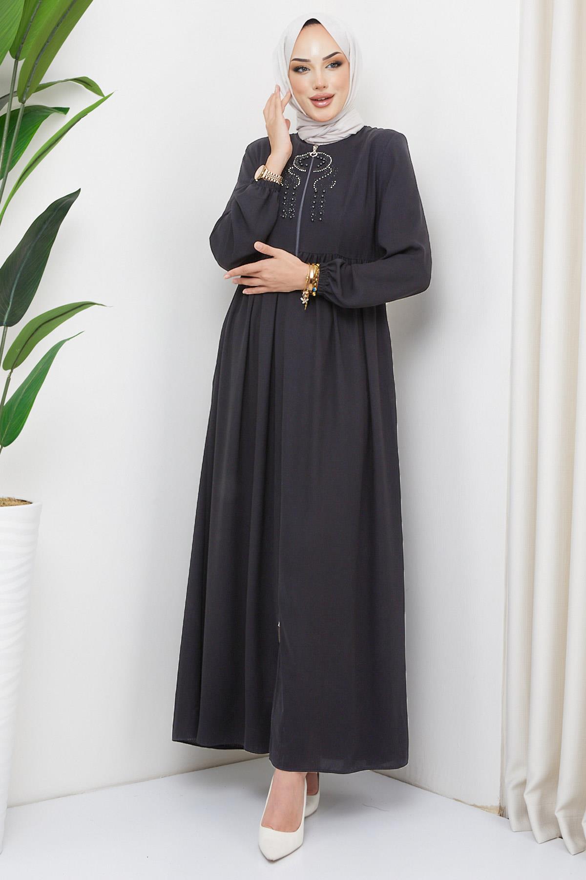 Boncuklu Büzgülü Ferace Antrasit HM2306