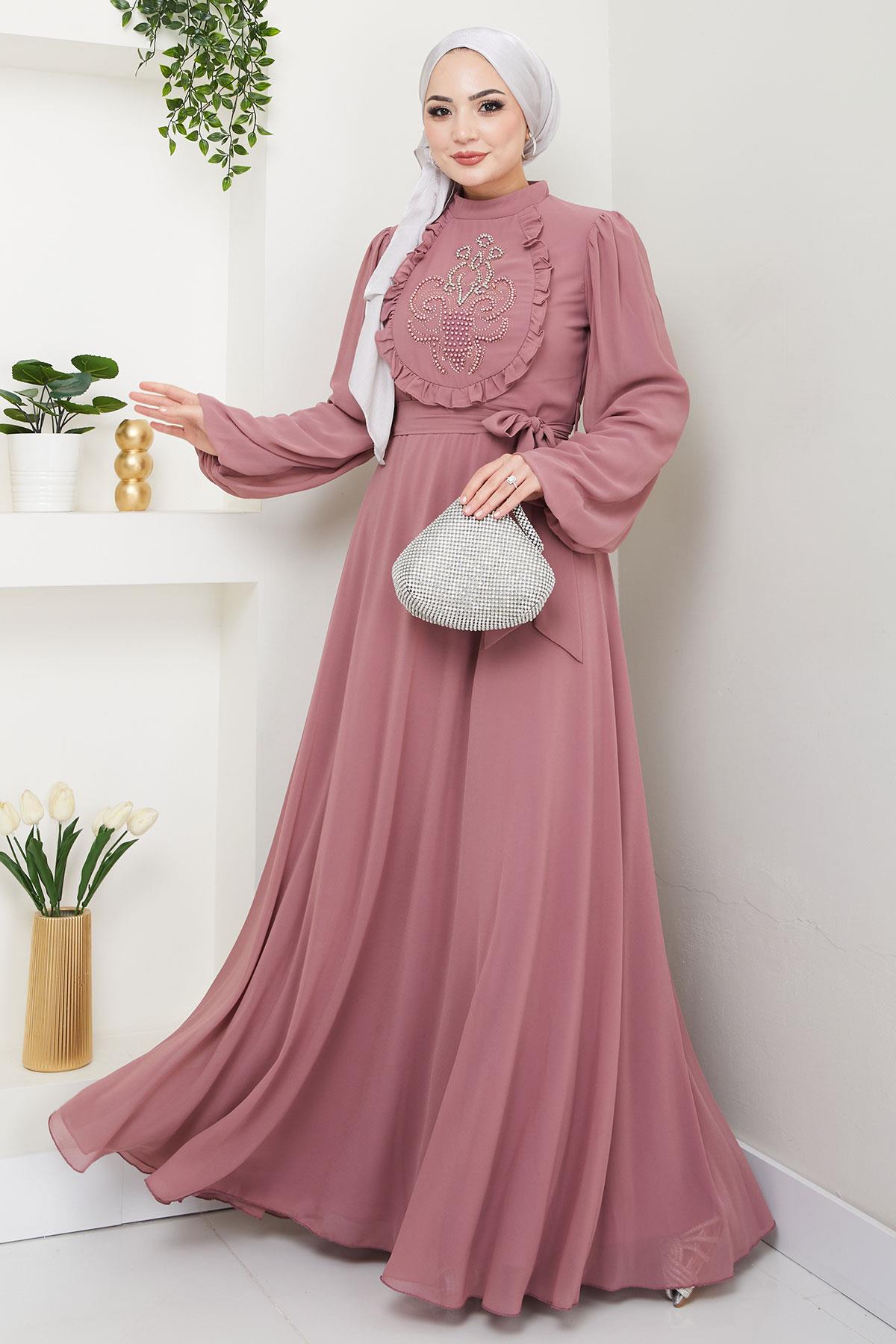 Boncuklu Şifon Abiye Elbise Gül Kurusu HM2667