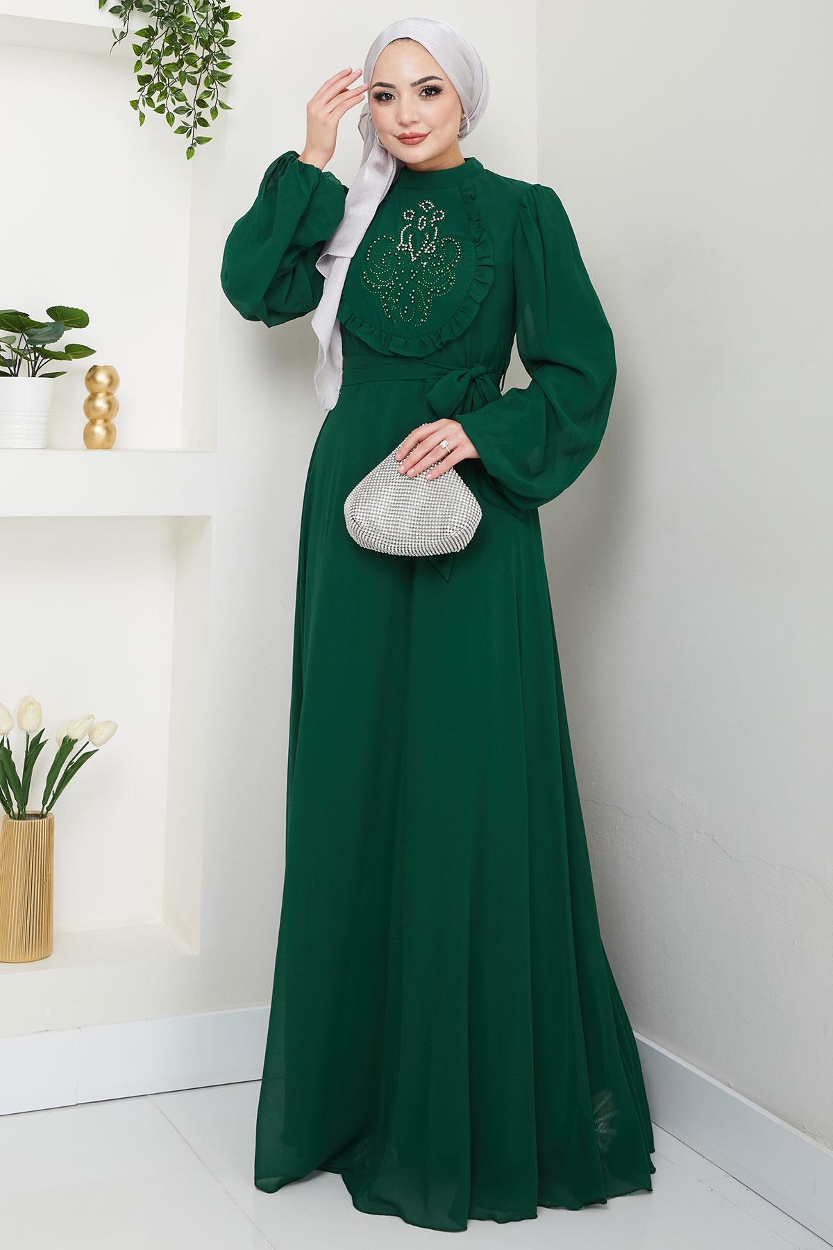 Boncuklu Şifon Abiye Elbise Zümrüt HM2667