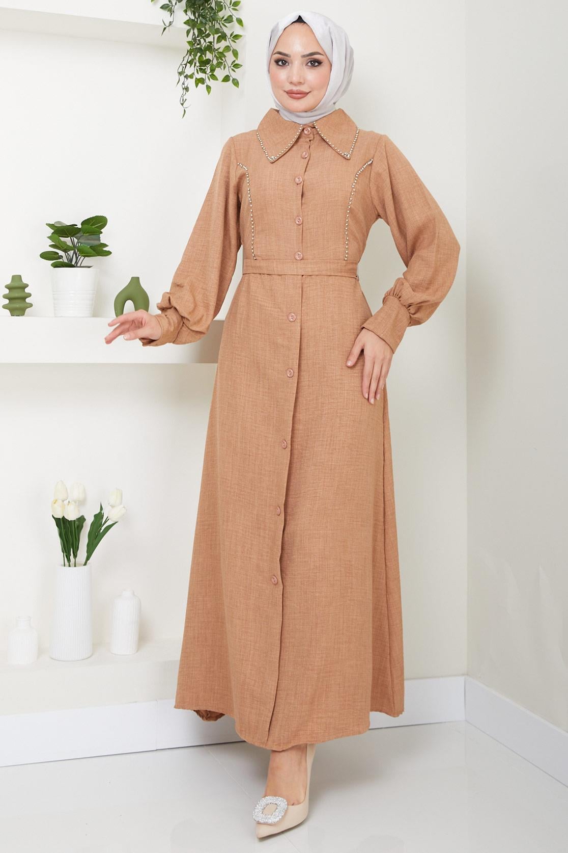 Boncuklu Sofia Elbise Camel HM2476